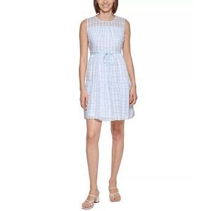 CALVIN KLEIN Women's Plaid A-Line Gingham Dress White and Blu Size 12